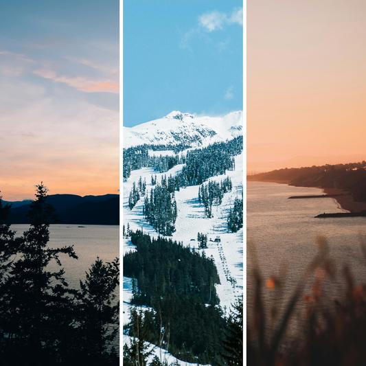 A collage of three images depicting a candle bundle with a scenic background. The images represent different candle scents with corresponding landscape visuals.