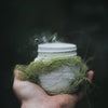 Candle jar labeled 'HOLLOW TREE' with wick visible, held in hands