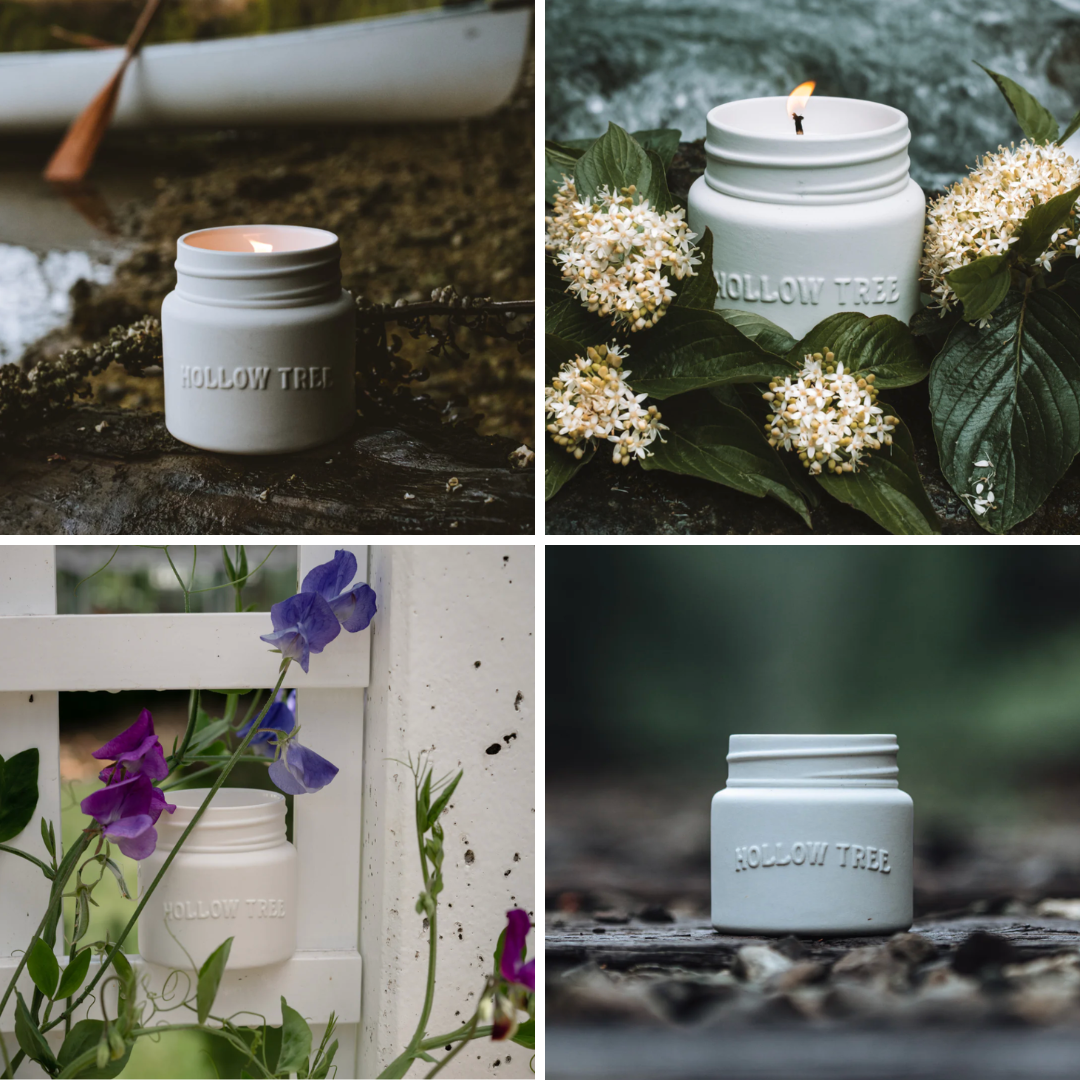 Hollow Tree ceramic candle jar with lit wick, white ceramic lid