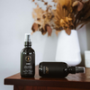 Dark room spray bottle set with silver mist tops and canoe label, two bottles