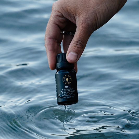 Scent bottle with dark blue label, held in a hand