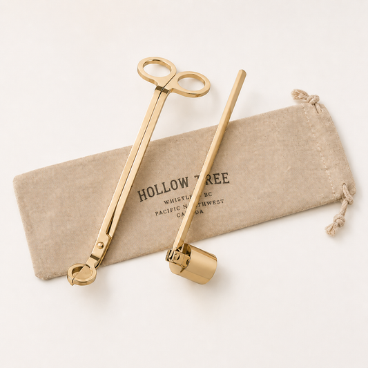 Gold candle trimmer and candle snuffer set with ring handles