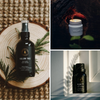 Scent bottle, dark glass with gold label and spray top, Western Red Cedar