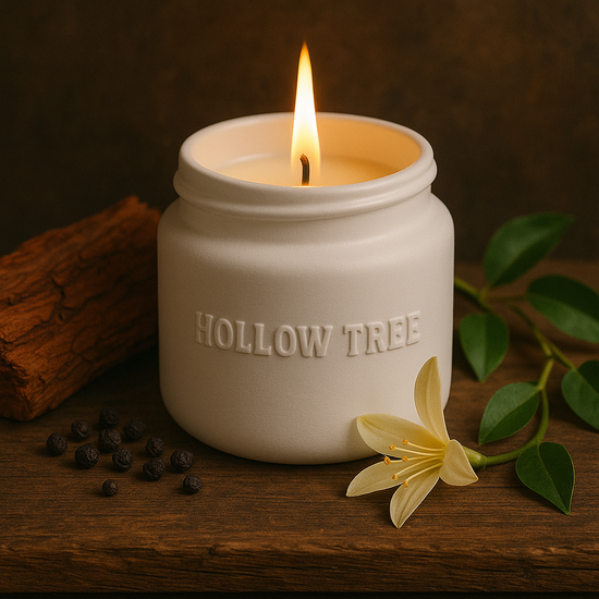 Candle in a white jar labeled 'Hollow Tree' with cinnamon sticks and a flower on a dark background