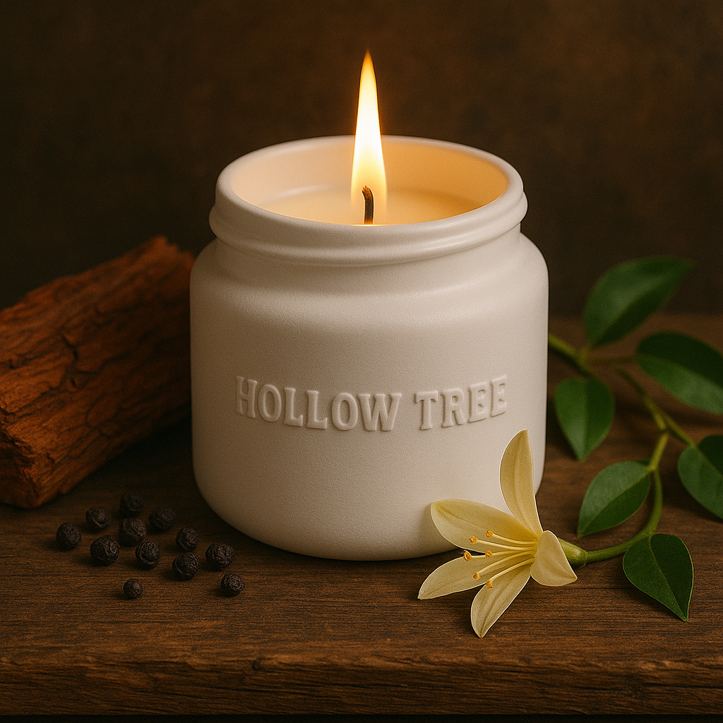 Candle in a white jar labeled 'Hollow Tree' with cinnamon sticks and a flower on a dark background