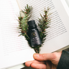 Diffuser oil bottle near pine branches with the label facing forward