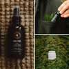 Scent bundle with dark glass spray bottle and white jar on mossy greenery