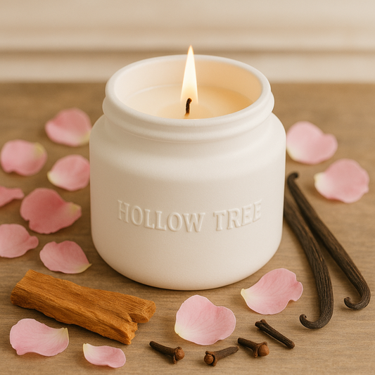 Candle in a white jar labeled 'Hollow Tree' with pink petals and vanilla beans on a wooden surface.