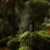 Diffuser oil bottle on green moss with small dark cap and Sea to Sky label