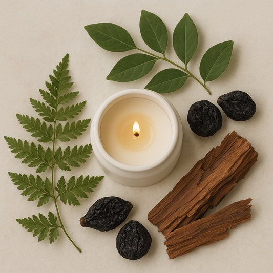 Candle with leaves, cinnamon sticks, and dried fruits on a neutral background